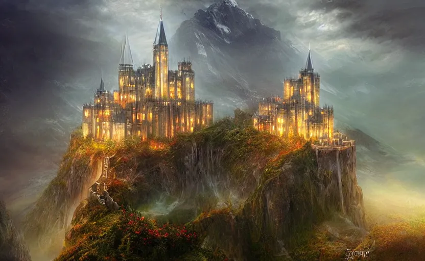 Image similar to beautiful secret city of the elves gondolin on top of a mountain, magical gloomy mystical. by konstantin razumov, fractal flame, chiaroscuro, highly detailded