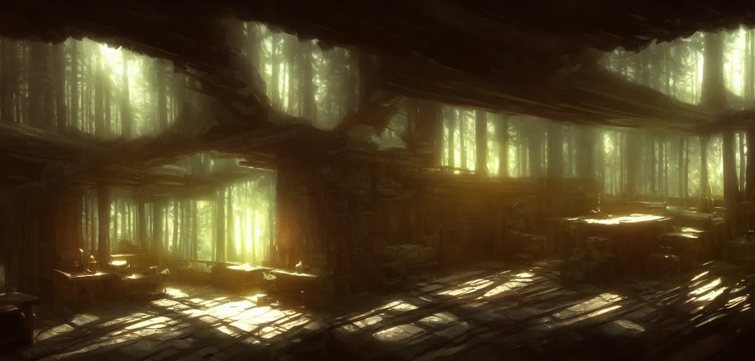 Image similar to concept art of an inside of a cabin in the woods, detailed, volumetric lighting, style of greg rutkowski