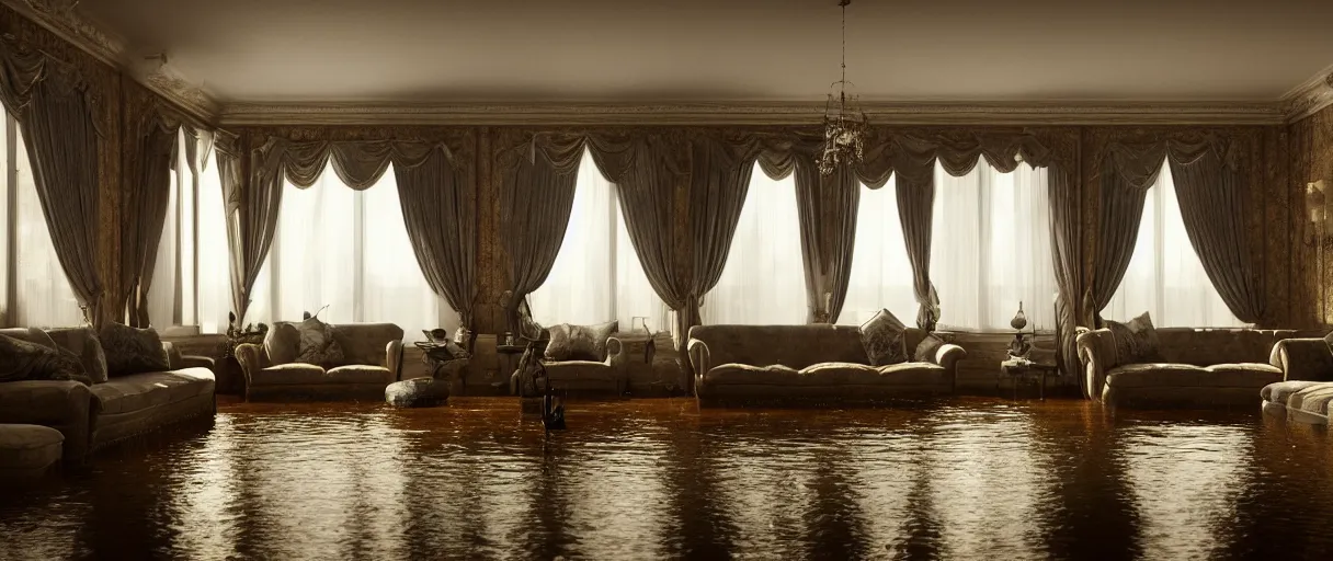 Image similar to decorative empty victorian livingroom flooded with water, octane render, 8k, artstation, concept art, smooth, sharp focus