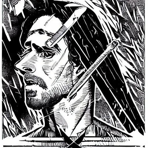 Image similar to black and white pen and ink!!!! rugged royal masonic goetic!! Frank Zappa x Ryan Gosling golden!!!! Vagabond!!!! floating magic swordsman!!!! glides through a beautiful!!!!!!! battlefield dramatic esoteric!!!!!! pen and ink!!!!! illustrated in high detail!!!!!!!! by Junji Ito and Hiroya Oku!!!!!!!!! graphic novel published on 2049 award winning!!!! full body portrait!!!!! action exposition manga panel black and white Shonen Jump issue by David Lynch and Ari Aster beautiful line art