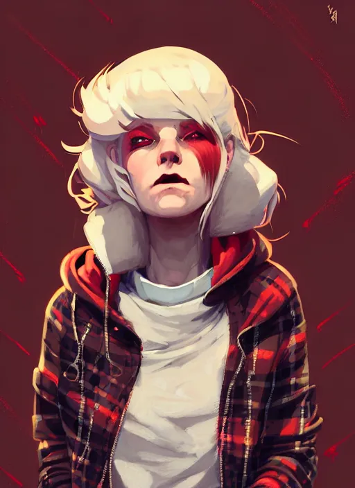 Image similar to highly detailed portrait of a sewer punk canadian lady, tartan hoody, white hair by atey ghailan, by greg rutkowski, by greg tocchini, by james gilleard, by joe fenton, by kaethe butcher, gradient red, brown, blonde cream and white color scheme, grunge aesthetic!!! ( ( graffiti tag wall background ) )