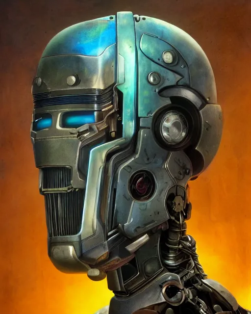 Prompt: portrait of an labradorite ultron from age of ultron, clockwork steampunk, embedded in techno circuits and conduit, dieselpunk, by beksinski, 4 k, deviantart, 3 d unreal engine, trending on artstation