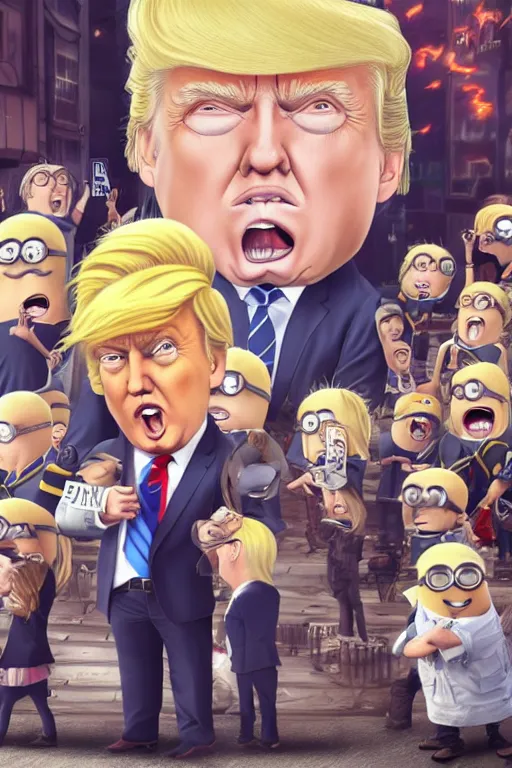 Image similar to trump with blond hair as a minion standing in front of a riot, anime style, intricate, portrait, 8 k highly professionally detailed, hdr, cgsociety