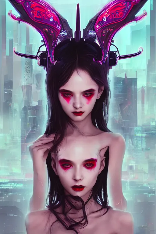 Image similar to portrait futuristic Devil Girl with horns and wings, in future cyberpunk tokyo rooftop , ssci-fi, fantasy, intricate, very very beautiful, elegant, human anatomy, neon light, highly detailed, digital painting, artstation, concept art, smooth, sharp focus, illustration, art by tian zi and WLOP and alphonse mucha