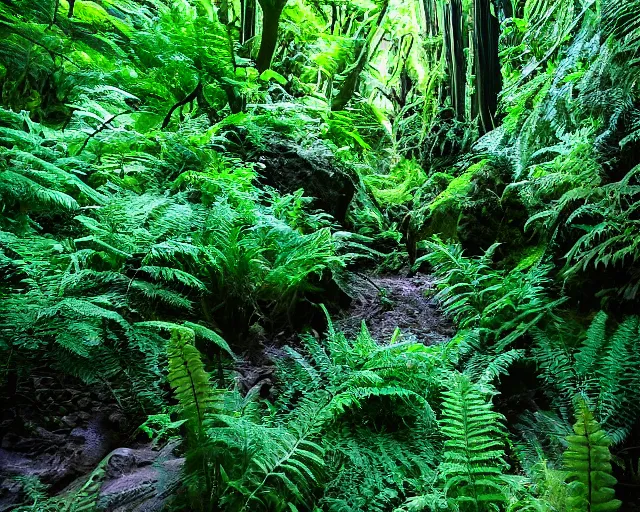 Image similar to Fern canyon in Oregon, stone stairway, overgrown lush plants, atmospheric, cinematic, by Studio Ghibli