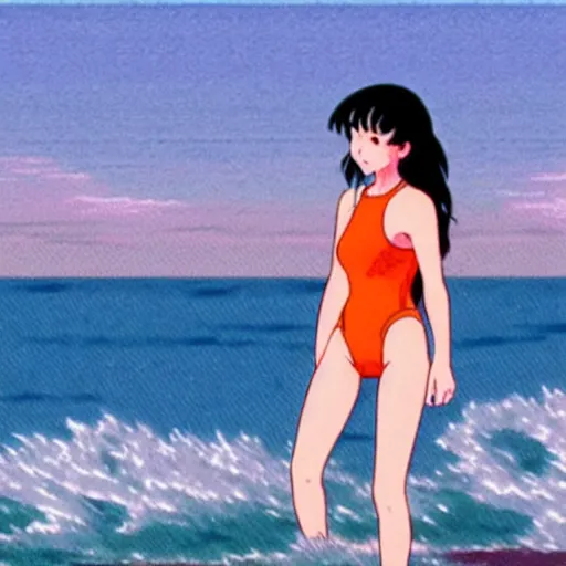 Prompt: girl in swimsuit at the beach running into water, sprite, vaporwave nostalgia, directed by beat takeshi, visual novel cg, 8 0 s anime vibe, kimagure orange road, maison ikkoku, sketch by osamu tezuka, directed by makoto shinkai and beat takeshi