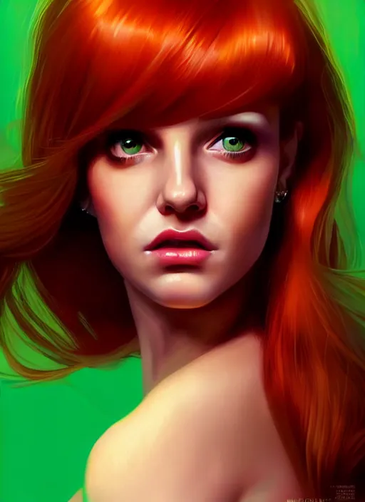 Image similar to full body portrait of teenage cheryl blossom, bangs, green eyes, mischievous expression, red hair, sultry smirk, bangs and wavy hair, intricate, elegant, glowing lights, highly detailed, digital painting, artstation, concept art, smooth, sharp focus, illustration, art by wlop, mars ravelo and greg rutkowski