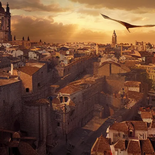 Image similar to the monumental city of caceres with smaug flying over it, dramatic lighting, cinematic, extremly high detail, photorealistic, cinematic lighting, post processed, concept art, artstation, matte painting, style by greg rutkowsky