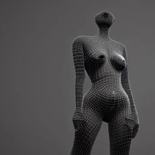 Image similar to 3 d fluid simulation render, octane render, xparticles, black color, female body, abstract sculpture