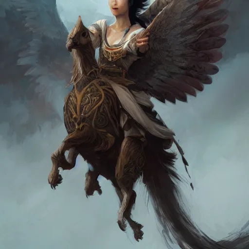 Prompt: asian woman holding an eagle on a horse, greg rutkowski, fantasy, intricate, elegant, highly detailed, digital painting, artstation, concept art, long shot, cinematic lighting