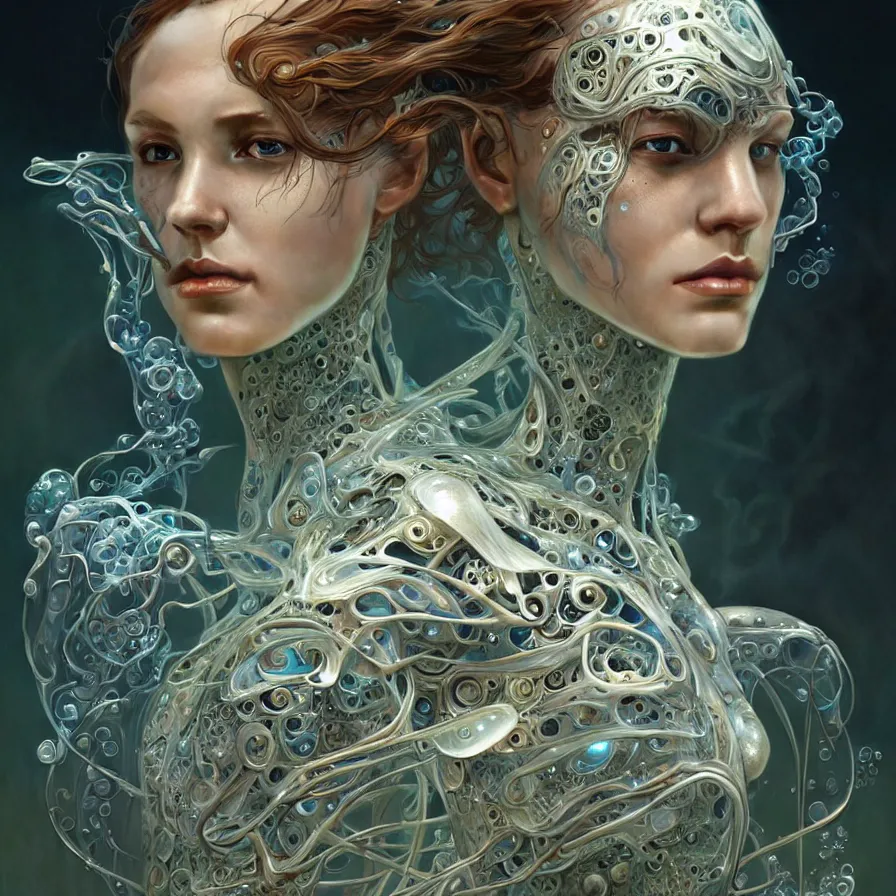 Prompt: organic cyborg, water and smoke sculpture, diffuse lighting, fantasy, intricate, elegant, highly detailed, lifelike, photorealistic, digital painting, artstation, illustration, concept art, smooth, sharp focus, art by john collier and albert aublet and krenz cushart and artem demura and alphonse mucha
