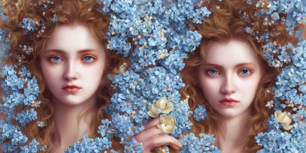 Image similar to breathtaking detailed concept art painting portrait of the hugs goddess of light blue flowers, blond curly hair, orthodox saint, with anxious piercing eyes, ornate background, amalgamation of leaves and flowers, by hsiao - ron cheng, extremely moody lighting, 8 k