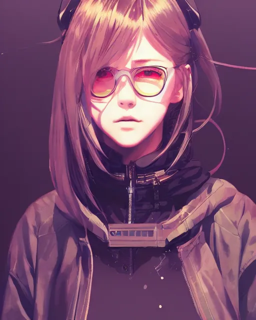 Image similar to kyoto animation, cool girl wearing cyberpunk intricate streetwear, beautiful, detailed portrait, cell shaded, 4 k, concept art, by wlop, ilya kuvshinov, artgerm, krenz cushart, greg rutkowski, pixiv. cinematic dramatic atmosphere, sharp focus, volumetric lighting, cinematic lighting, studio quality