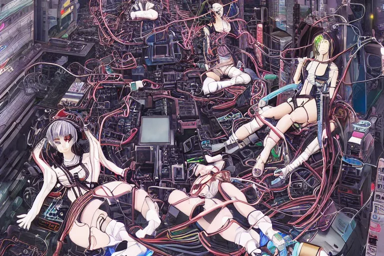 Image similar to cyberpunk anime illustration of a group of female android dolls lying on an empty white background in various poses with their bodies open showing a mess of wires and cables coming out, by katsuhiro otomo and masamune shirow, hyper-detailed, colorful, beautiful, manga, bird view