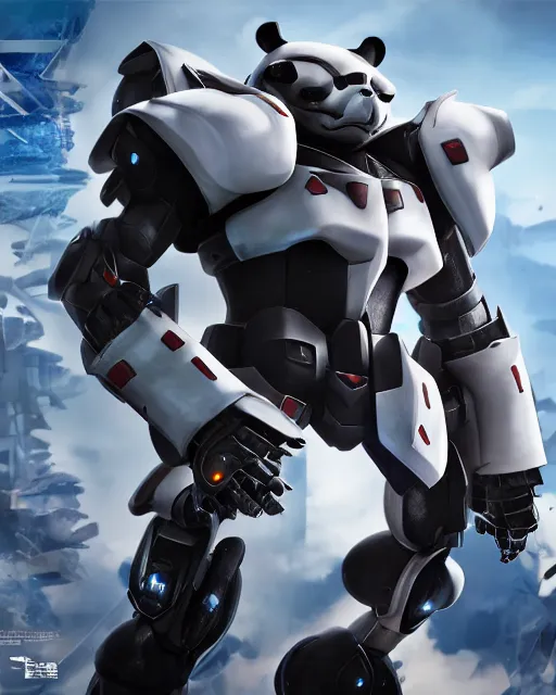 Image similar to futuristic panda mecha, azure details, panda armor, 8 k hd resolution, barbatos gundam, bandai box art, zoids, makoto kobayashi, frank gehry, raymond swanland, unreal engine 5, octane render, cgi,