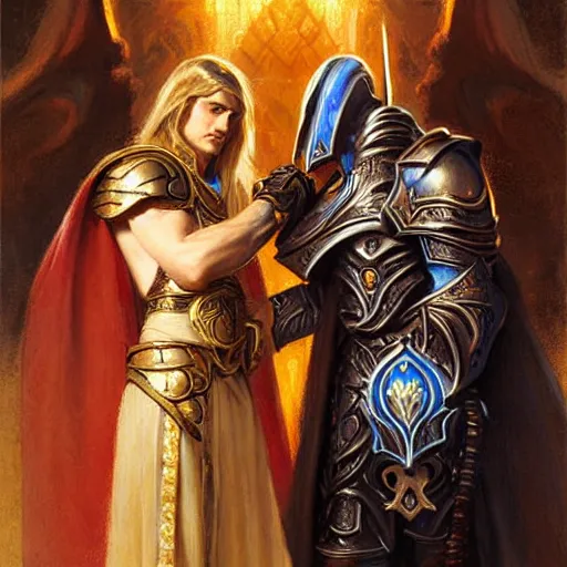 Image similar to attractive fully clothed arthas menethil confesses his love for his attractive fully clothed paladin uther lightbringer. highly detailed painting by gaston bussiere and j. c. leyendecker 8 k