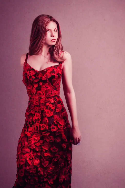 Prompt: full body portrait of a female, red floral dress, cinematic lighting, long hair, highly detailed, 4 k,