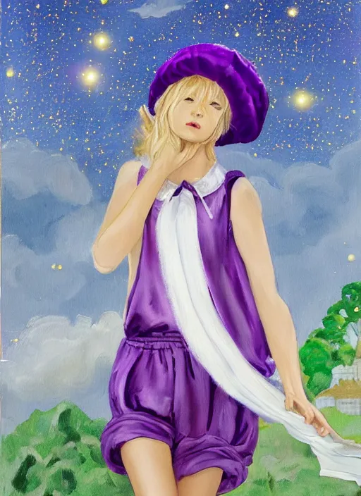 Prompt: A painting of a beautiful and mysterious young girl with short blond hair wearing an oversized purple Beret, Baggy Purple overall shorts, Short Puffy pants made of silk, silk shoes, a big billowy scarf, Golden Ribbon, and white leggings Covered in stars. Short Hair. Fortune Teller. Billowing Fabric. Golden Cape. Haute Couture. Sunlit. Moonlit. Cloudscape. Art by william-adolphe bouguereau and Alexandre Cabanel and Rembrant and WLOP and Artgerm and Johannes Helgeson. Smooth. Elegant. Highly Detailed. Intricate. Realistic fantasy illustration. 4K. UHD. Denoise.