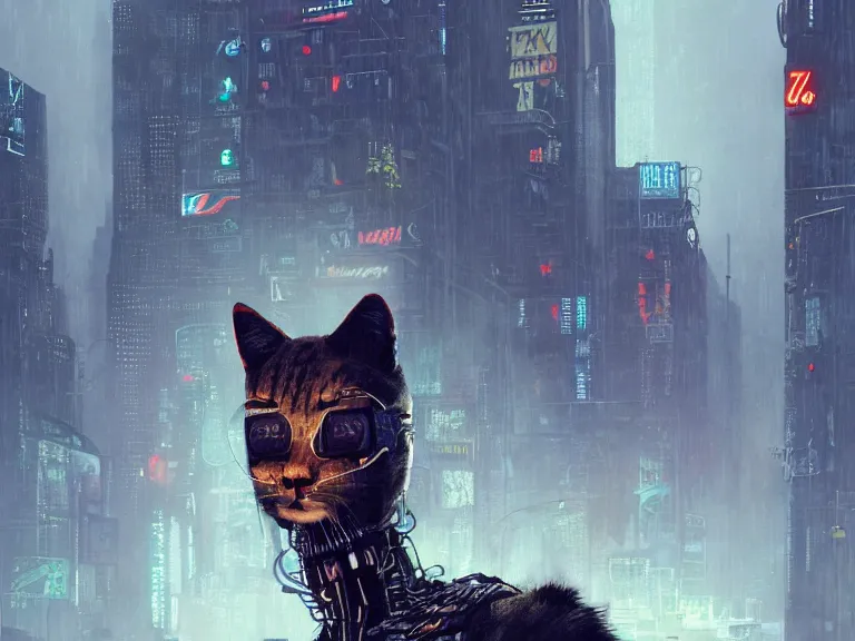 Image similar to new york city portrait of furry anthro anthropomorphic cat head animal person fursona wearing clothes strange cybernetic muzzle gloomy rainy screenshot from the video game cyberpunk 2077 digital art by Greg Rutkowski, Simon Stalenhag, christopher nolan trending on Artstation, CGSociety