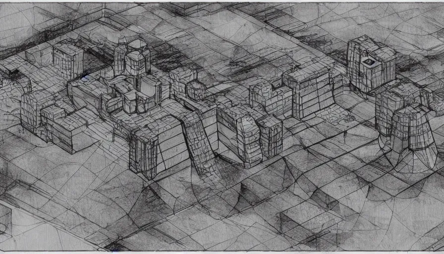 Prompt: big brutalist villain base, drawing architecture, very long shot, top angle