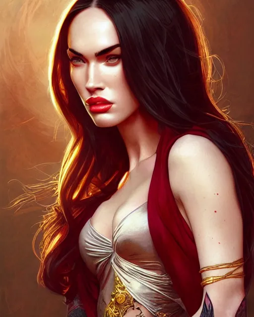 Prompt: megan fox vampire, perfect face, gold waistcoat, red shirt, long grey hair, red necktie, cinematic, stunning, highly detailed, digital painting, artstation, smooth, hard focus, illustration, art by artgerm and greg rutkowski and alphonse mucha
