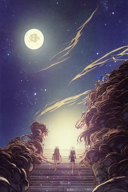 Image similar to a full moon containing the glimmering stairways to otherworldly galaxies, high intricate details, rule of thirds, golden ratio, cinematic light, anime style, graphic novel by fiona staples and dustin nguyen, by beaststars and orange, peter elson, alan bean, studio ghibli, makoto shinkai