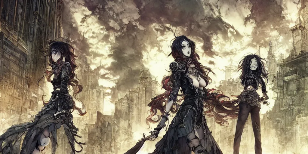 Image similar to goth woman in front of city, color page, tankoban, 4 k, tone mapping, akihiko yoshida, james jean andrei riabovitchev marc simonetti, yoshitaka amano, long hair, curly, h. hydrochaeri