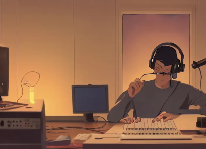 Image similar to man with headphones at his home studio producing music late at night, very detailed, 4 k, cory loftis, james gilleard, atey ghailan, makoto shinkai, goro fujita, studio ghibli, rim light, exquisite lighting, clear focus, very coherent