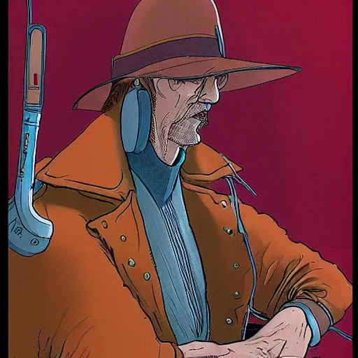 Image similar to drawn in the style of jean giraud!! moebius!! rackham the red wearing headphones and speaking into big microphone, podcast studio