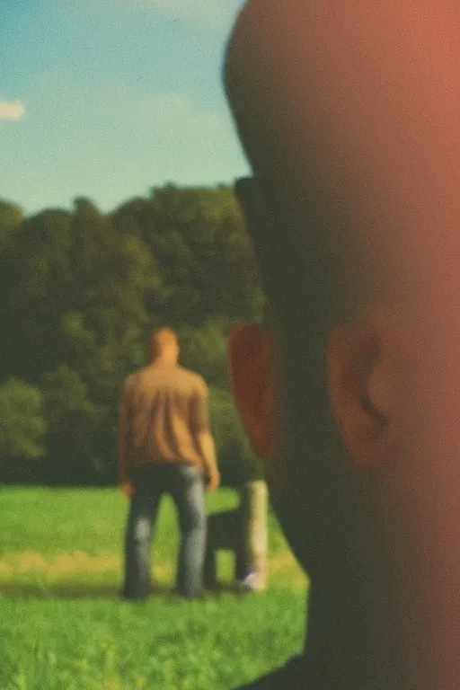 Prompt: close up portrait kodak ultramax 4 0 0 photograph of a guy standing in a green field, back view, grain, faded effect, vintage aesthetic, cel shading, toon shading