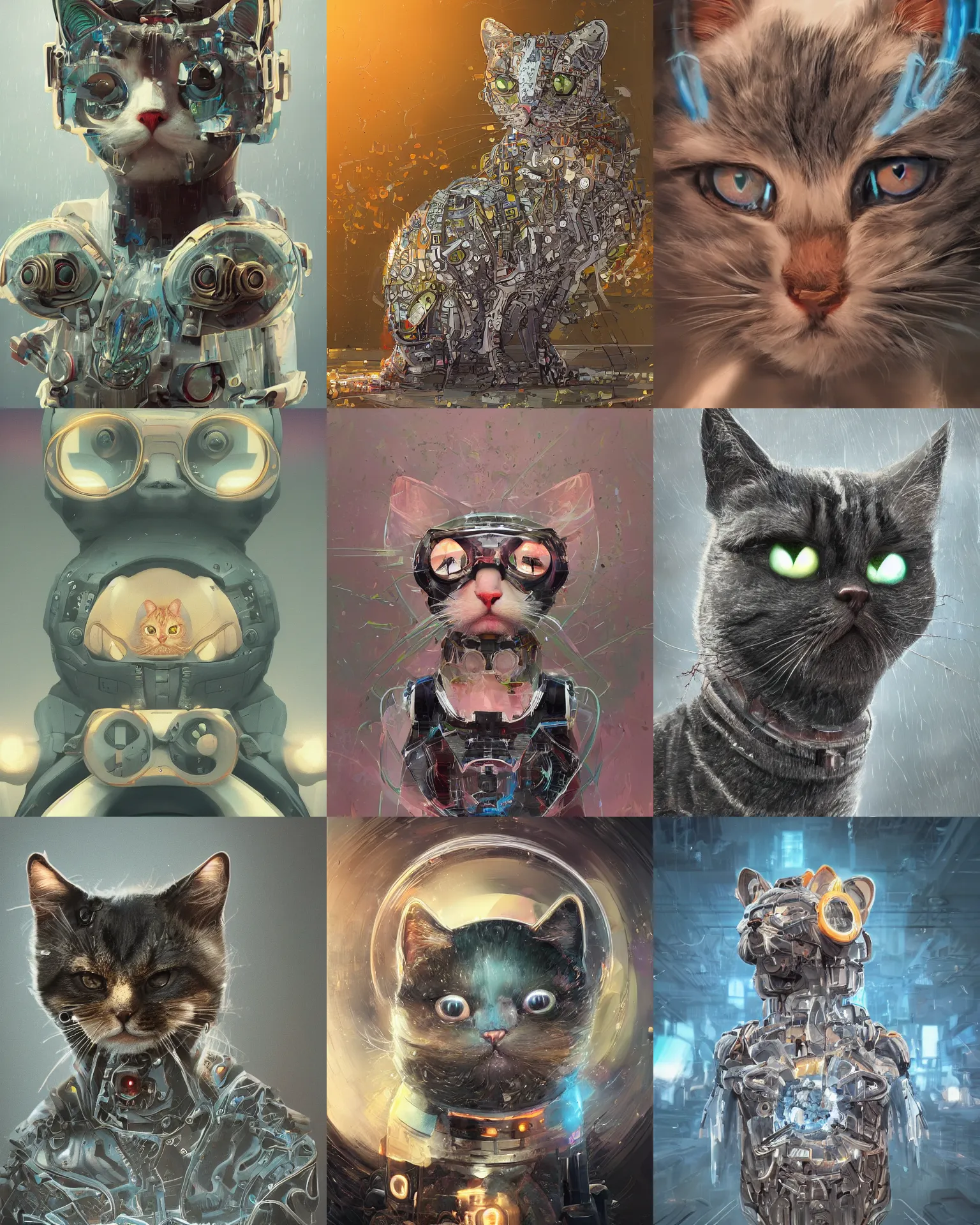 Prompt: portrait of a cute cat as a cyborg. intricate abstract. intricate artwork. by Tooth Wu, wlop, beeple, dan mumford. octane render, trending on artstation, greg rutkowski very coherent symmetrical artwork. cinematic, hyper realism, high detail, octane render, 8k, iridescent accents