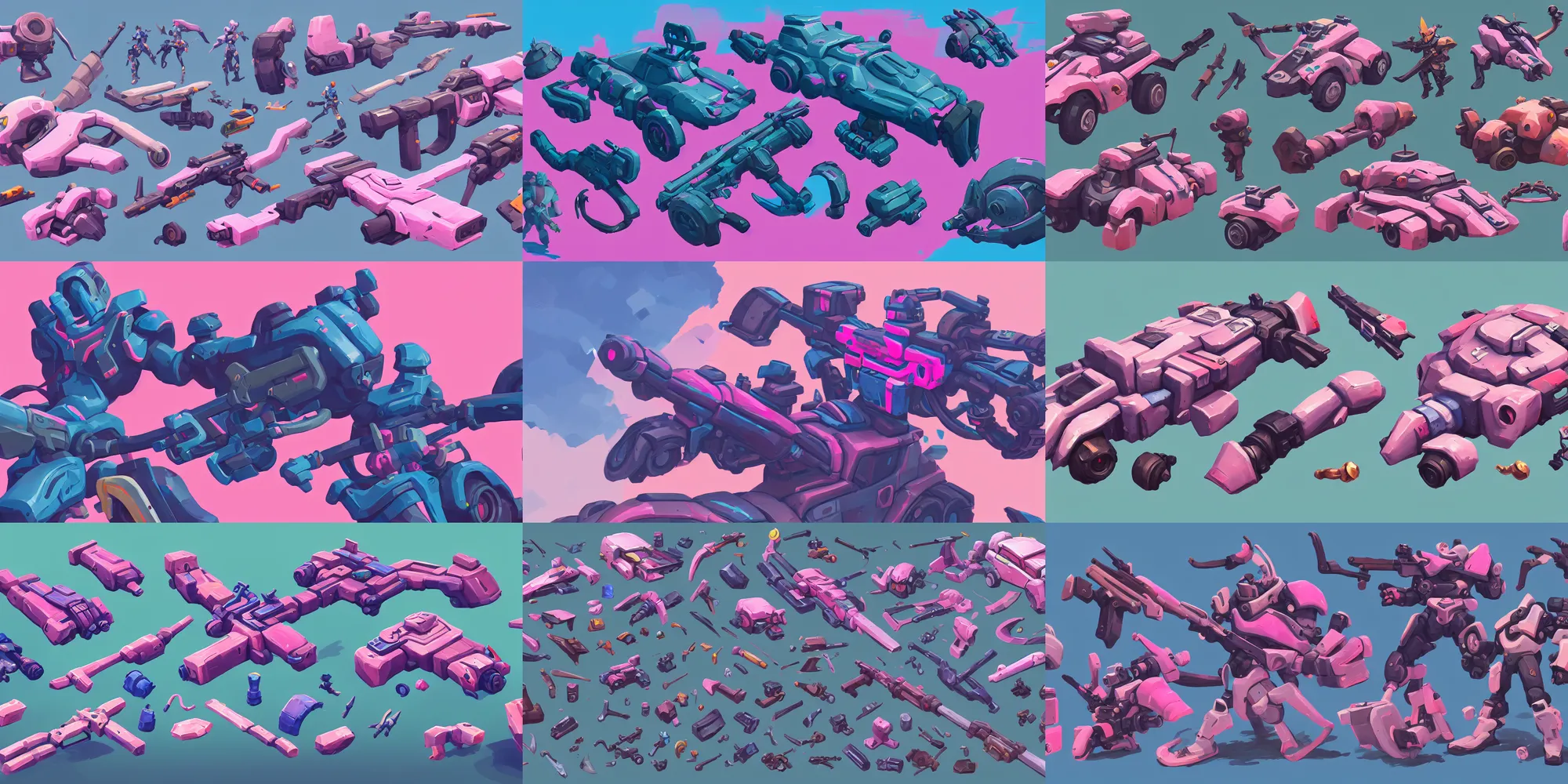 Prompt: game asset of vehicle attachments, in gouache detailed paintings, props, stylized, 2 d sprites, kitbash, arcane, overwatch, blue and pink color scheme, 8 k, close up