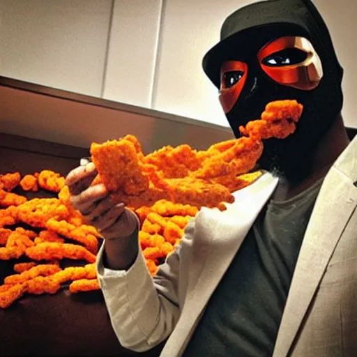 Prompt: “MF DOOM eating Cheetos, Fritos, and Doritos”