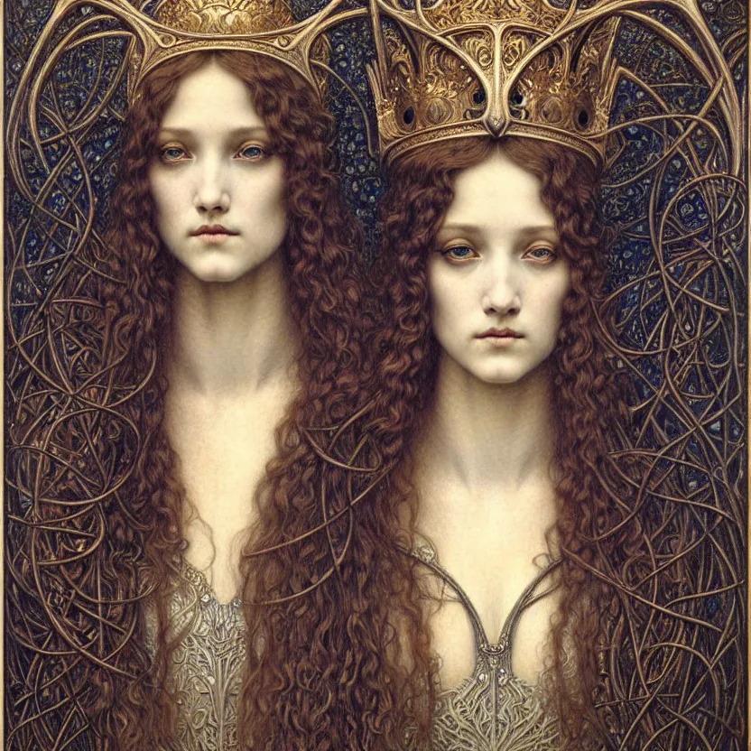 Image similar to detailed realistic beautiful young medieval queen face portrait by jean delville, gustave dore and marco mazzoni, art nouveau, symbolist, visionary, gothic, pre - raphaelite. horizontal symmetry