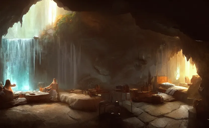 Prompt: painting of an interior of a cozy bedroom in a cave, small hot spring and waterfall in a connected room, natural light, fantasy, natural light, concept art, by greg rutkowski and craig mullins, cozy atmospheric and cinematic lighting, trending on artstation