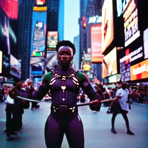 Image similar to photo of wakanda warrior in times square cinestill, 800t, 35mm, full-HD