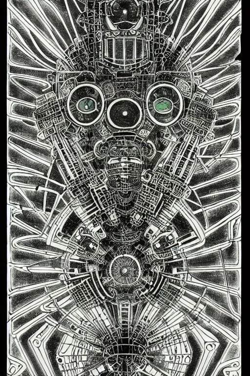 Image similar to a black and white drawing of futuristic ancient japanese temple mech, bioluminescence, a detailed mixed media collage by eduardo paolozzi and ernst haeckel, intricate linework, sketchbook psychedelic doodle comic drawing, geometric, deconstructivism, matte drawing, academic art, constructivism