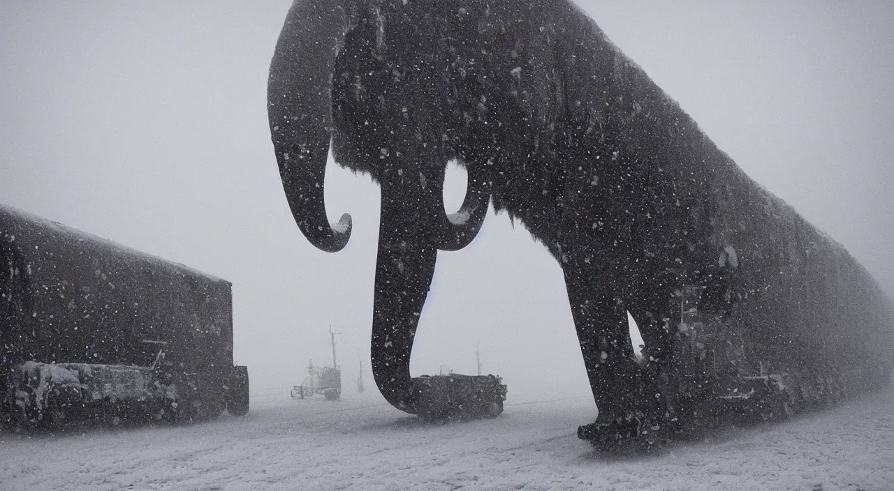 Image similar to “photo of one biomechanical mammoth in an arctic storm with fog and blizzard, the mammoth drags old gigantic coal wagons with snow, it's a sunset photo with cold tones, some people around ”