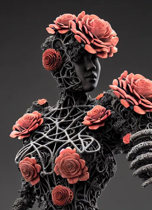 Prompt: biomechanical black statue made of corals, daisies, roses, well contoured smooth fair walls carrying perfume bottle, up close shot, sharp focus, global illumination, radiant light, alexandre ferra white mecha, irakli nadar, octane highly render, 4 k, ultra hd,