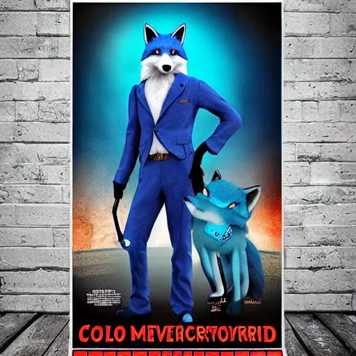 Prompt: realistic movie poster, featuring in anthropomorphic blue male foxes dressed cool, promotional movie poster print