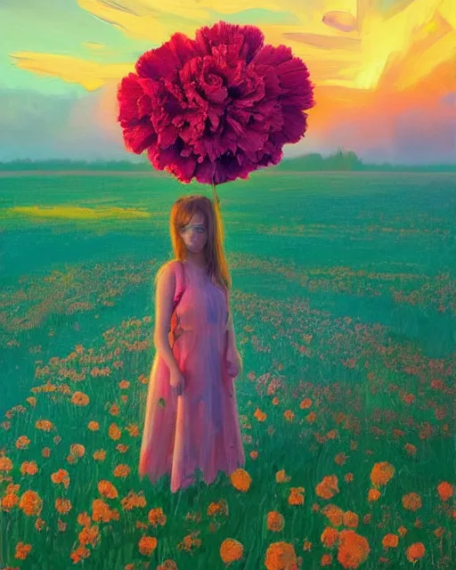 Prompt: girl with a giant carnation head, surreal photography, flower field, sunset dramatic light, impressionist painting, colorful clouds, blue sky, digital painting, artstation, simon stalenhag