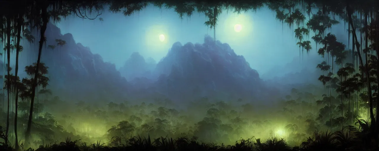 Image similar to very detailed mystic foggy cinematic jungle background , moon,backlight trees by frazetta