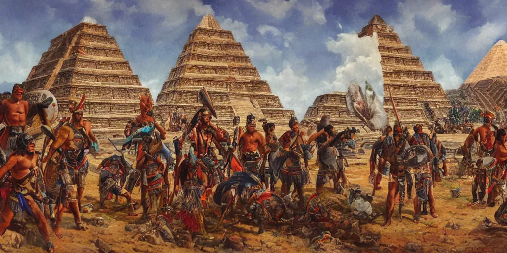 Image similar to simonetti rutkowski painting aztec warriors watching spaceship arriving to mesoamerican pyramid