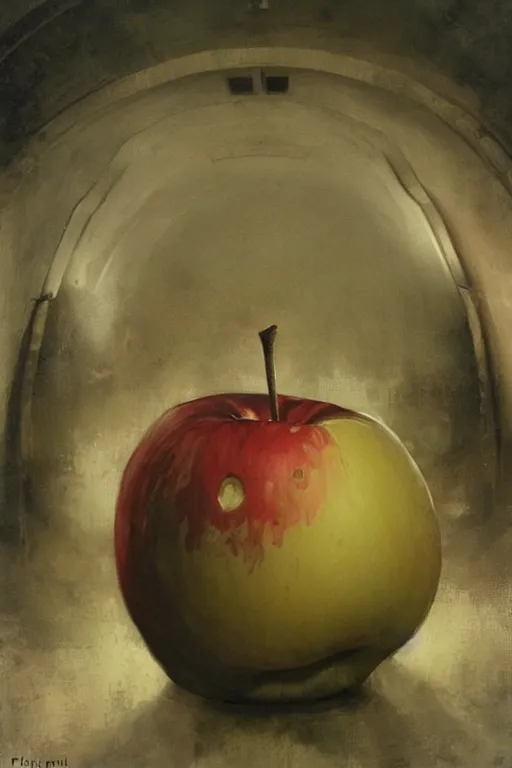 Prompt: A giant apple floating in the undergrounds tunnel, detailed art by Phil hale and Ilya repin