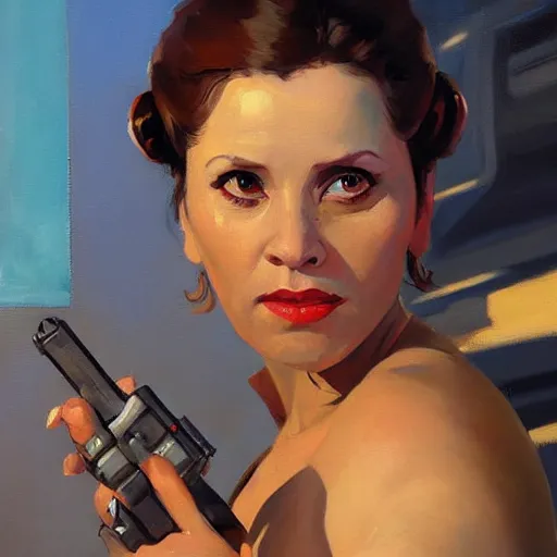 Image similar to greg manchess portrait painting of leia organa as overwatch character, medium shot, asymmetrical, profile picture, organic painting, sunny day, matte painting, bold shapes, hard edges, street art, trending on artstation, by huang guangjian and gil elvgren and sachin teng