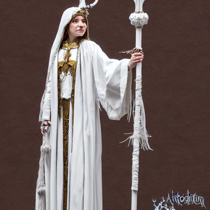 Prompt: photograph of a real-life beautiful air witch with ornate white robes and staff. Extremely detailed. 8k