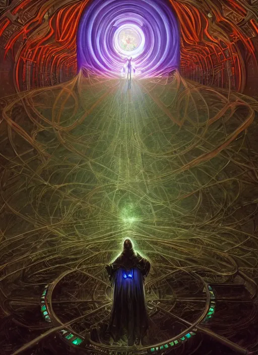 Image similar to a quantum computer, geometric crystal wiring, emerald circuits, highly advanced technology surrounded by a dark cabal of multiple hooded elven mystics in long dark robes gathered in a circular formation, dan seagrave art, michael whelan, artstation, cgsociety