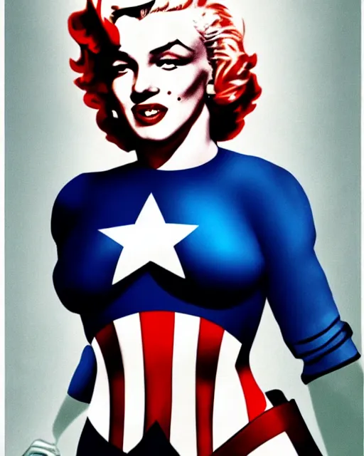 Image similar to Modern color photograph of Marilyn Monroe as Captain America, photorealistic