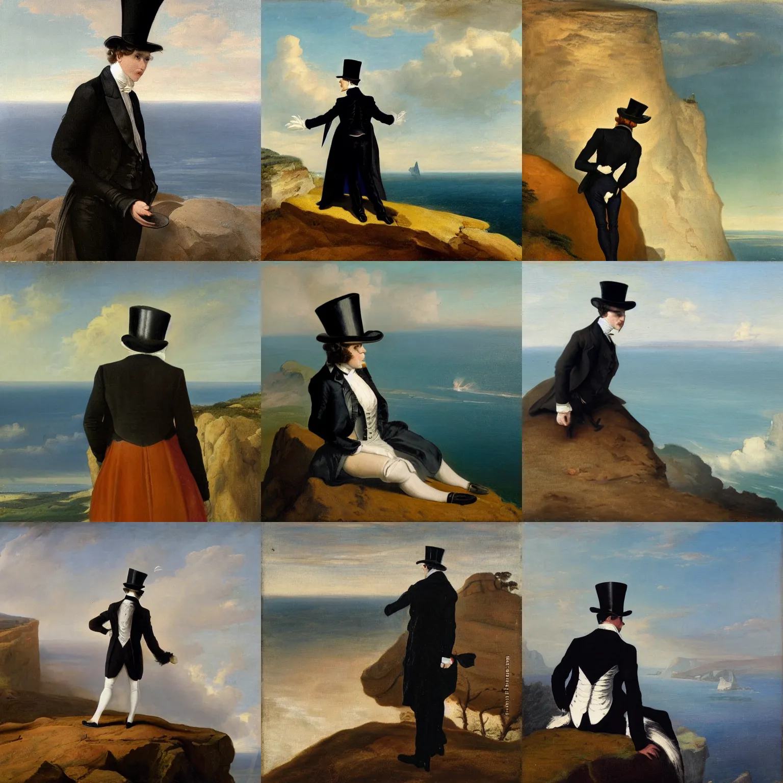 Prompt: a woman costumed as a man, wearing top hat and silk tailcoat, looking at the horizon from the top of a cliff, painting