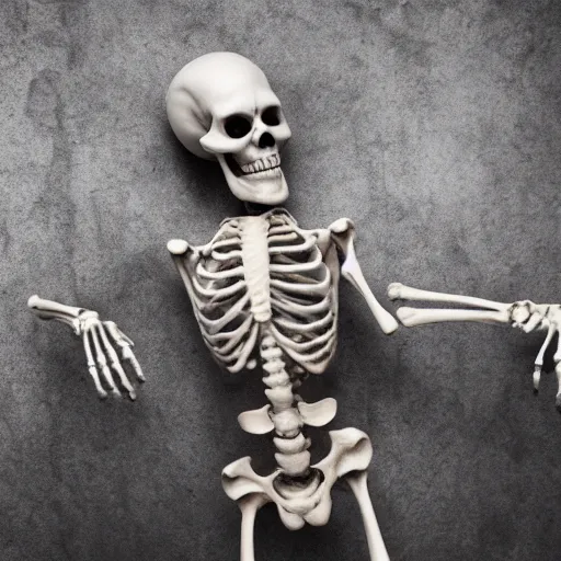 Prompt: a skeleton dancing without a care, artistic photography, f stop, iso, gray dungeon background, very realistic, action shot, award winning socially conscious touching sad photo